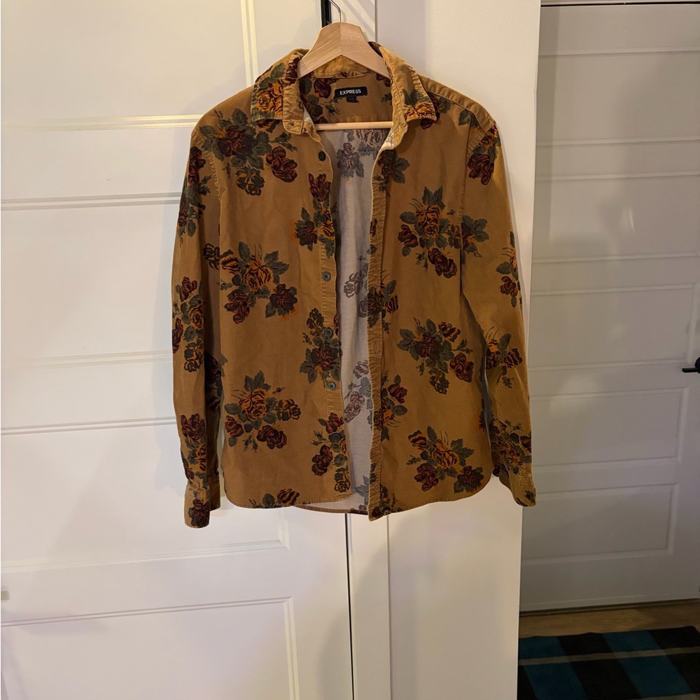 Express Tan Floral Button Down Shirt